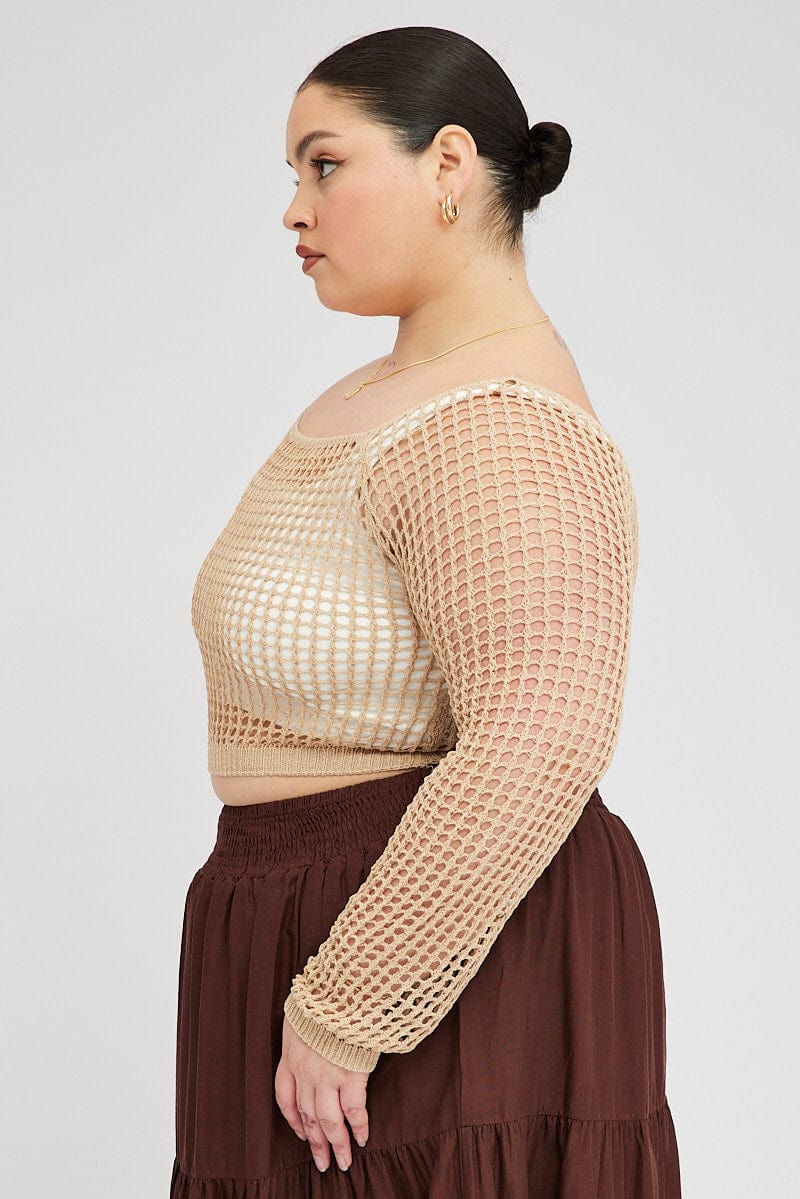 Square Box Fishnets Beige Fishnet Knit Top Long Sleeve Square Neck | You & All