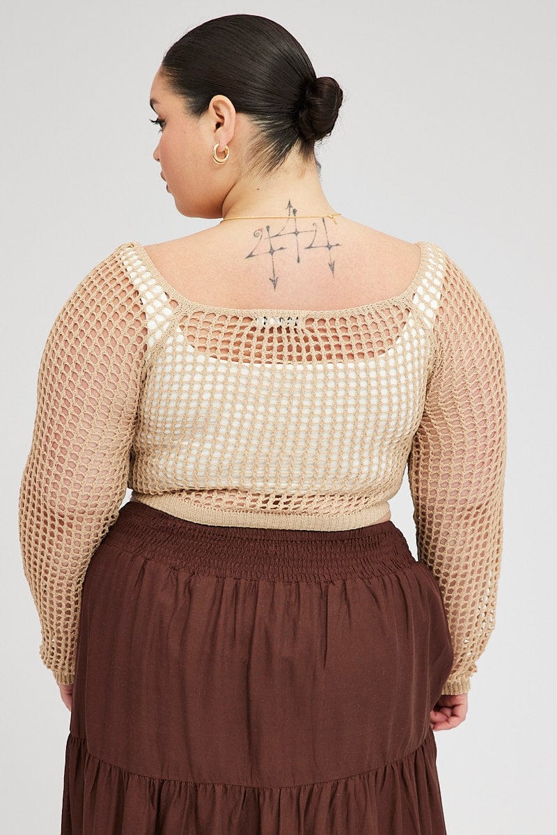 Fishnet Square Pattern Top Beige Fishnet Knit Top Long Sleeve Square Neck | You & All