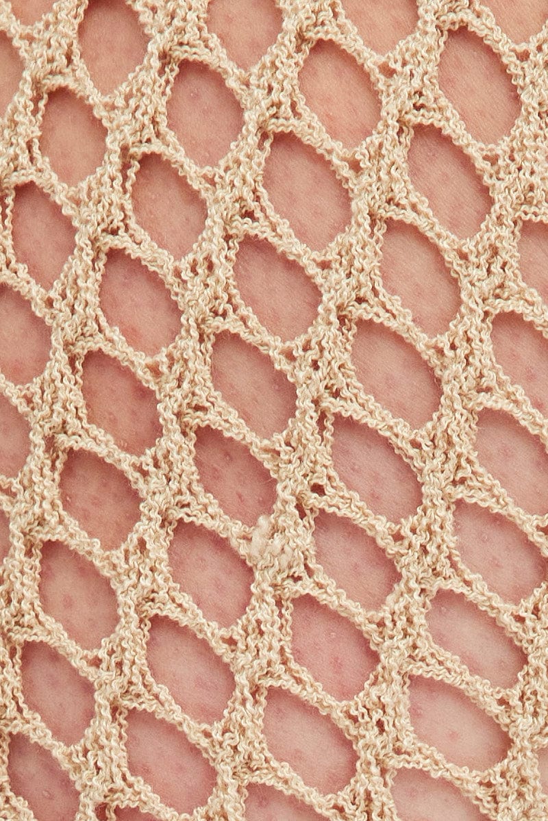 Square Box Fishnets Beige Fishnet Knit Top Long Sleeve Square Neck | You & All