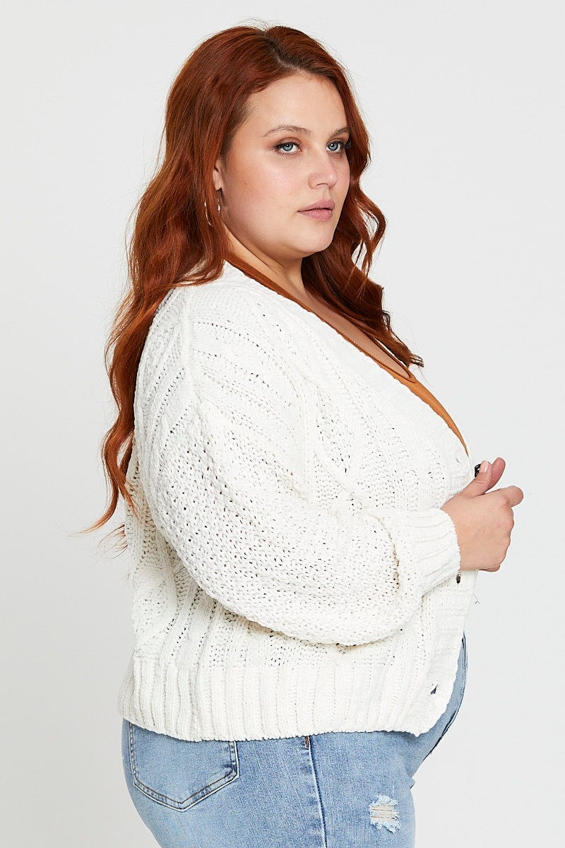 White Cardigan Long Sleeve Cable Semi Crop Knit For Women By You And All