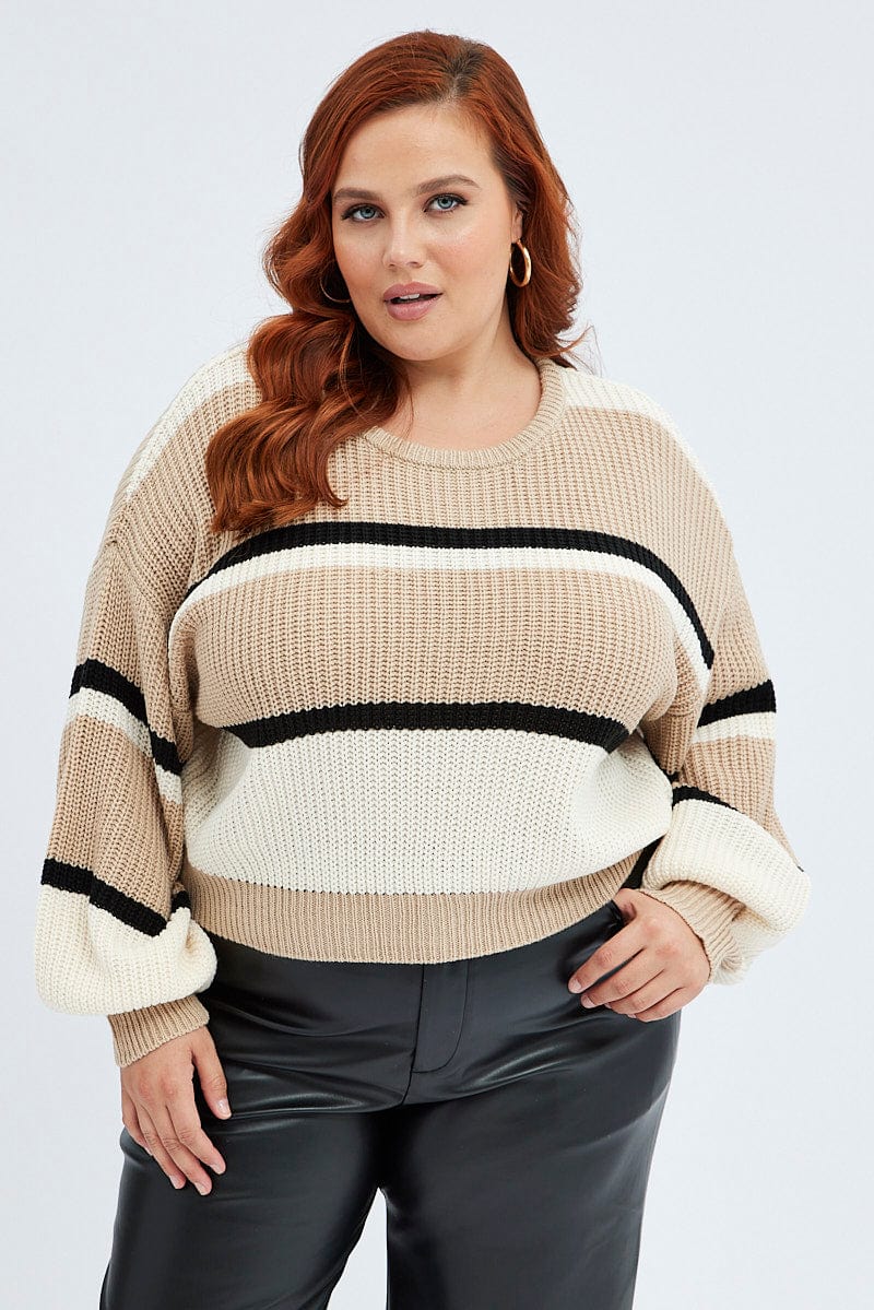 Beige Stripe Knit Jumper Round Neck Long Sleeve for YouandAll Fashion