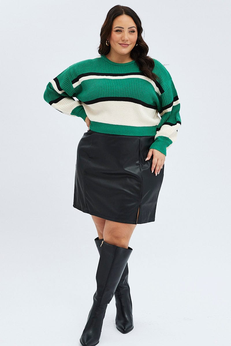 Green Stripe Knit Jumper Round Neck Long Sleeve for YouandAll Fashion