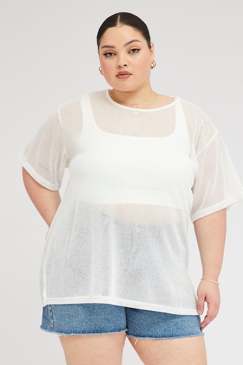 White Oversized Knit Top Short Sleeve Crew Neck for YouandAll Fashion