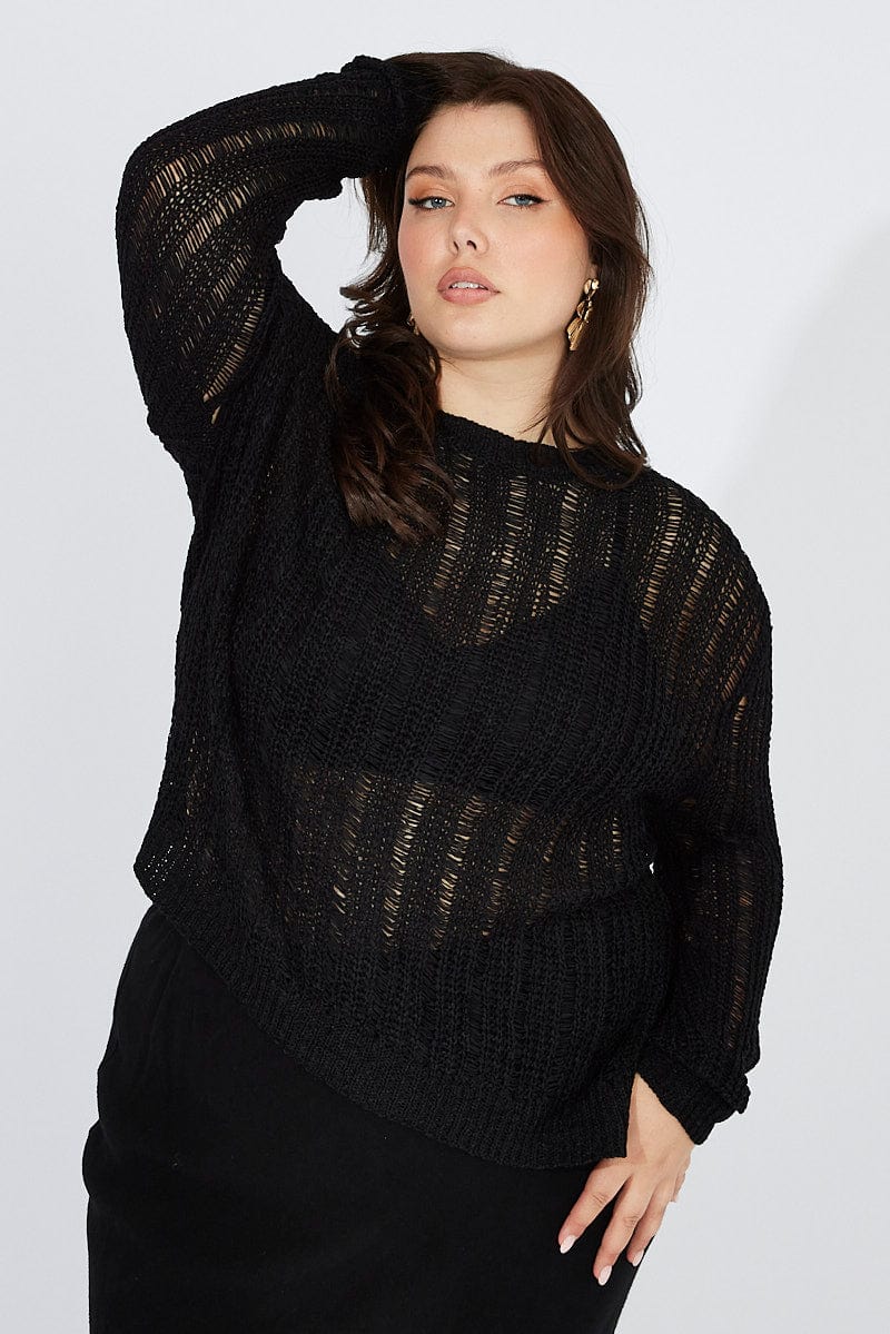 Black Fishnet Knit Top Long Sleeve Crew Neck for YouandAll Fashion