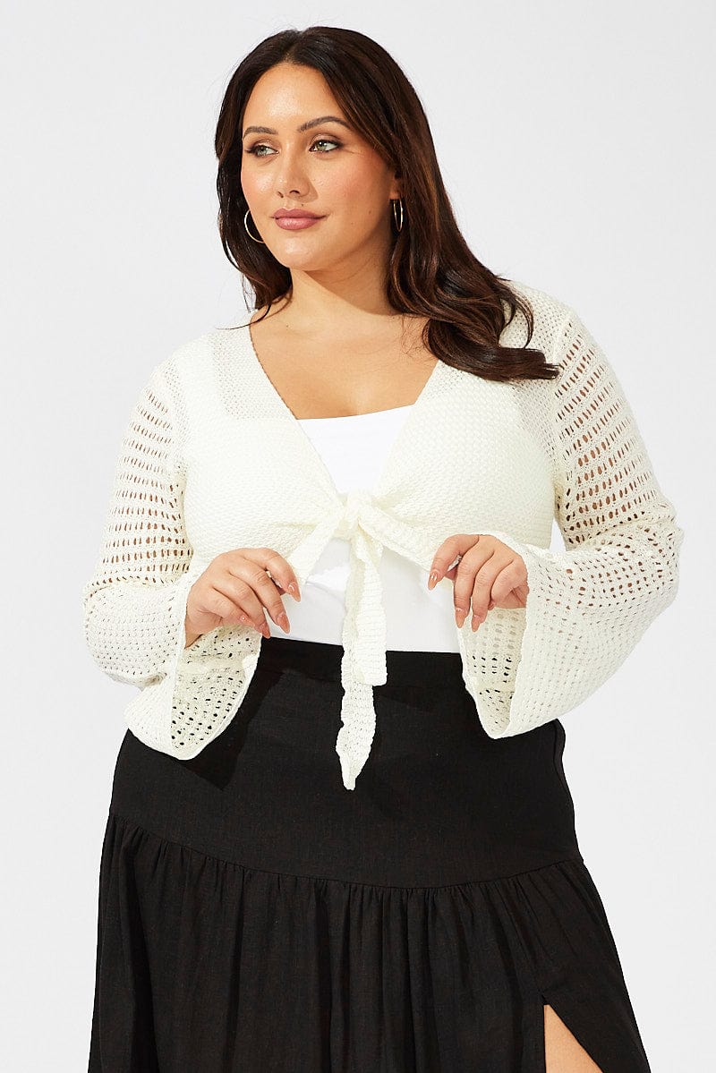 White Crochet Cardigan Long Sleeve Tie Front Knit for YouandAll Fashion