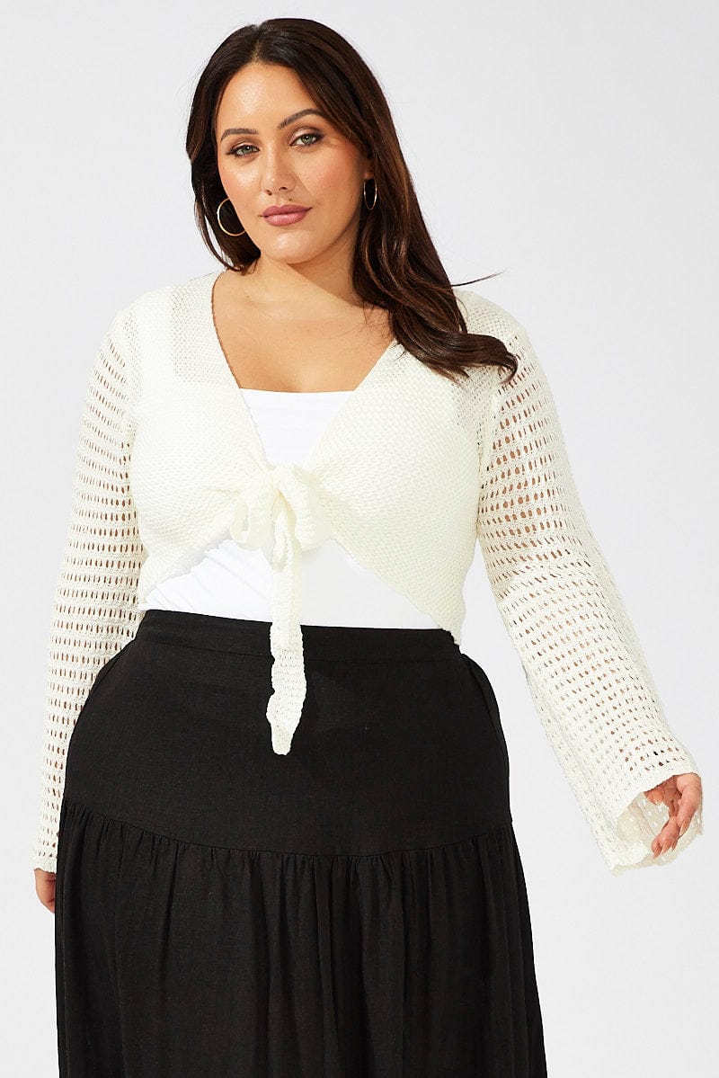 White Crochet Cardigan Long Sleeve Tie Front Knit for YouandAll Fashion