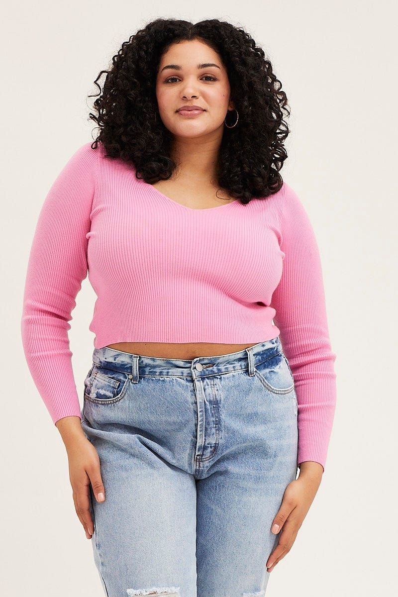 H Pink V-Neck Long Sleeve Semi Crop Rib-Knit Top for Women by You and All