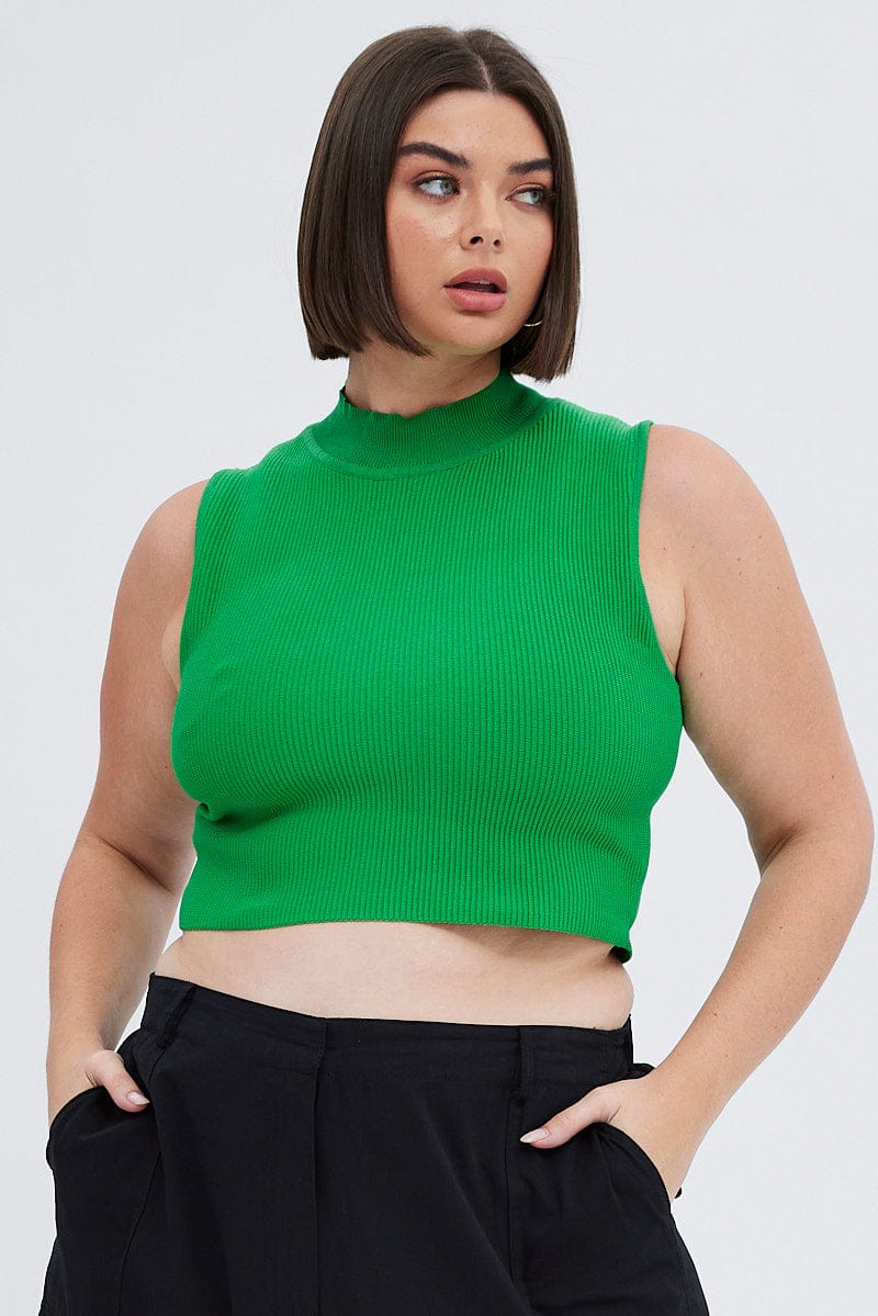 Green Knit Top Ribbed High Neck for YouandAll Fashion