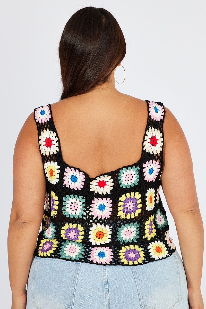 Black Floral Crochet Top Square Neck for YouandAll Fashion