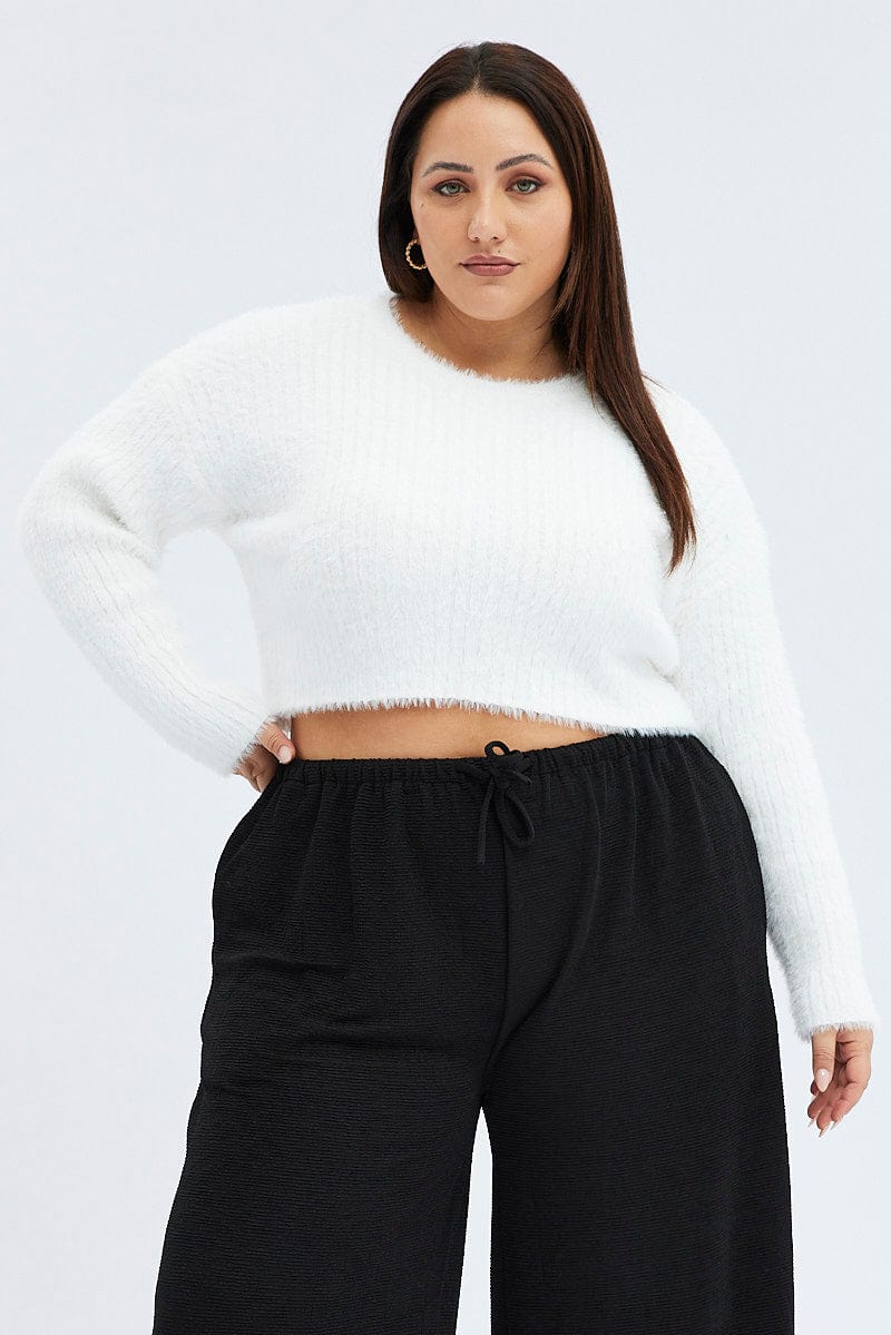 White Fluffy Knit Long Sleeve Crop for YouandAll Fashion