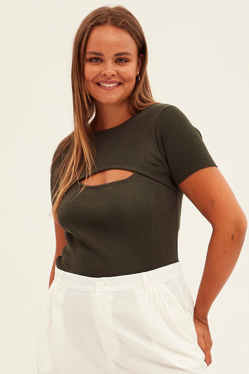 Green Knit Top Bust Cut Out Short Sleeve for YouandAll Fashion