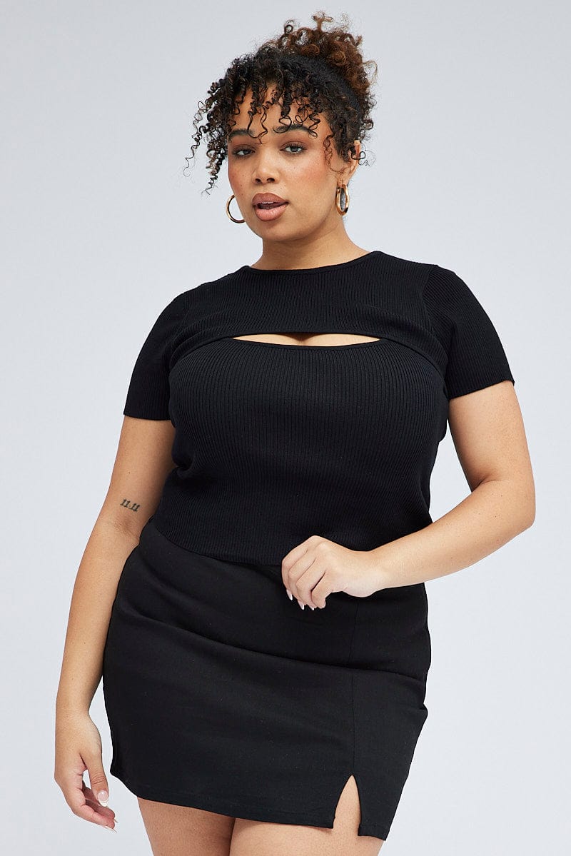 Black Knit Top Bust Cut Out Short Sleeve for YouandAll Fashion