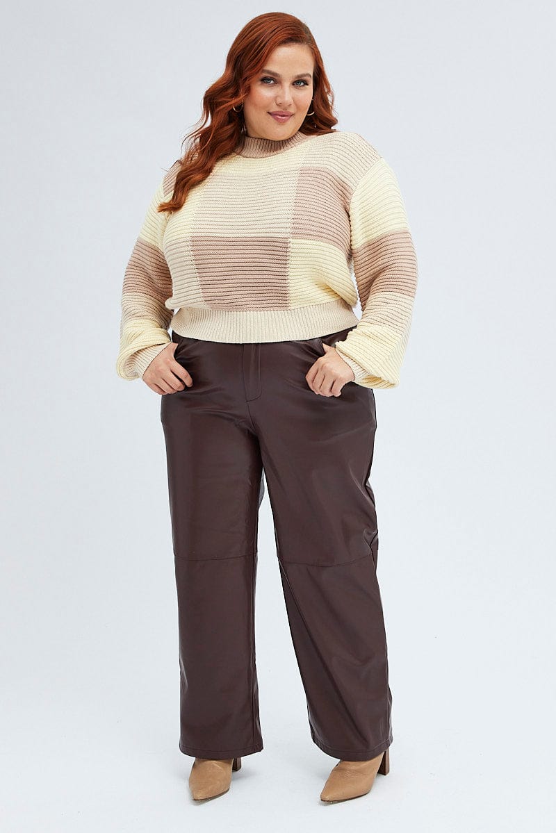 Beige Knit Top Round Neck Long Sleeve Patchwork for YouandAll Fashion