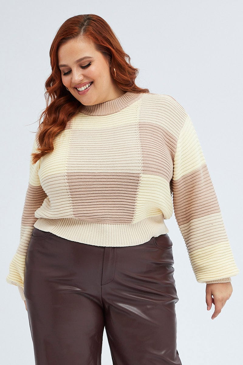 Beige Knit Top Round Neck Long Sleeve Patchwork for YouandAll Fashion