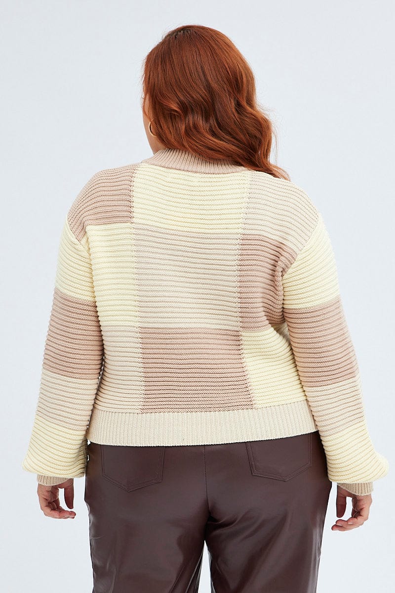 Beige Knit Top Round Neck Long Sleeve Patchwork for YouandAll Fashion