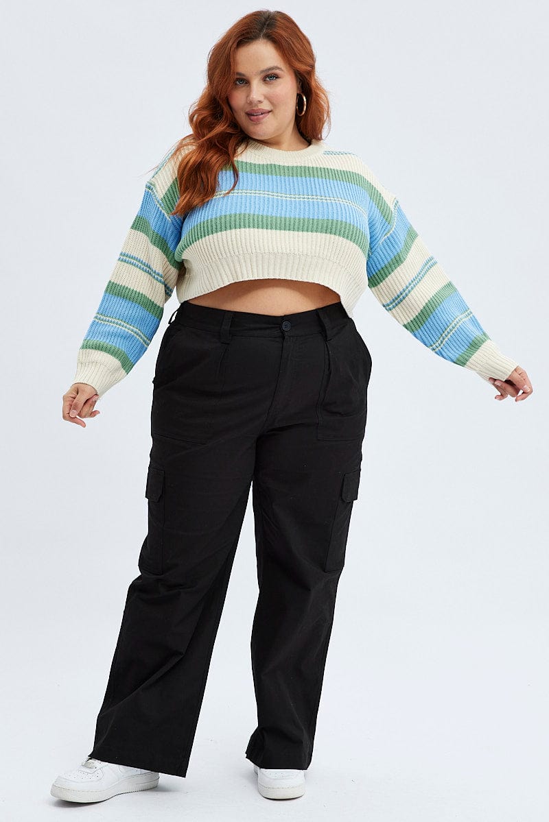Blue Stripe Knit Jumper Long Sleeve Crop for YouandAll Fashion