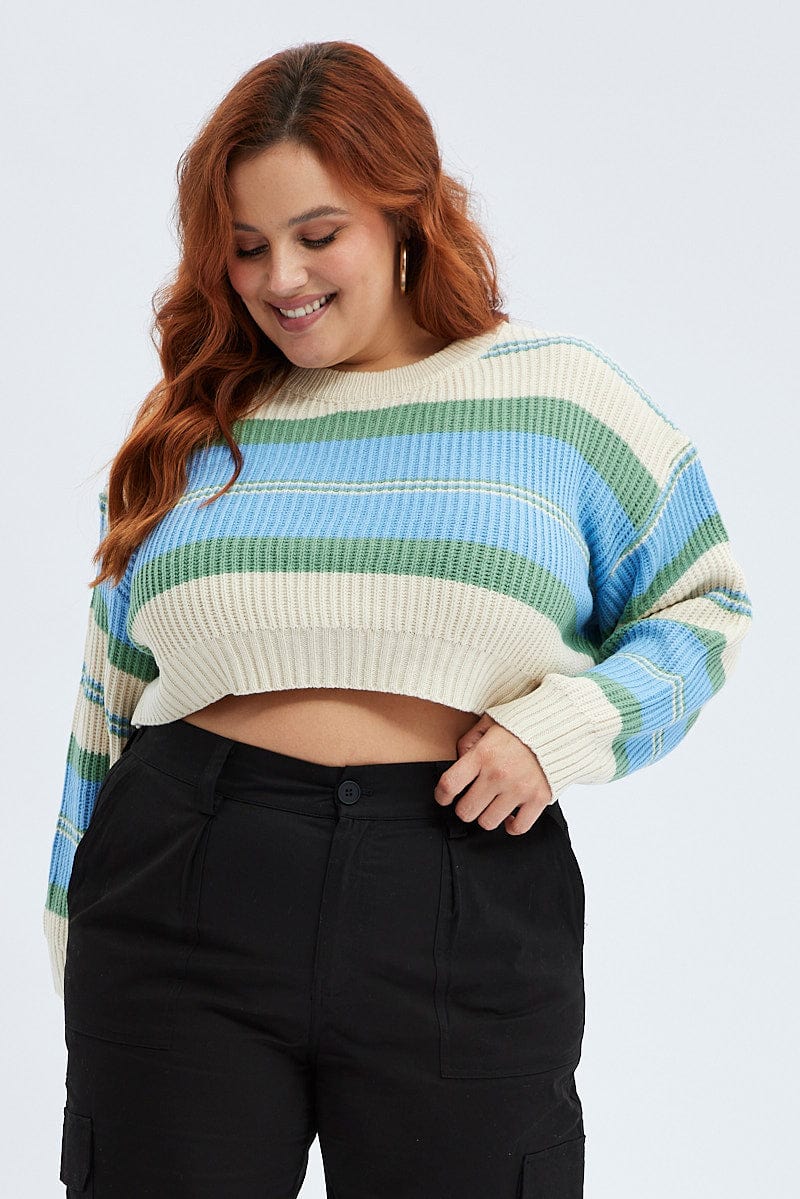 Blue Stripe Knit Jumper Long Sleeve Crop for YouandAll Fashion