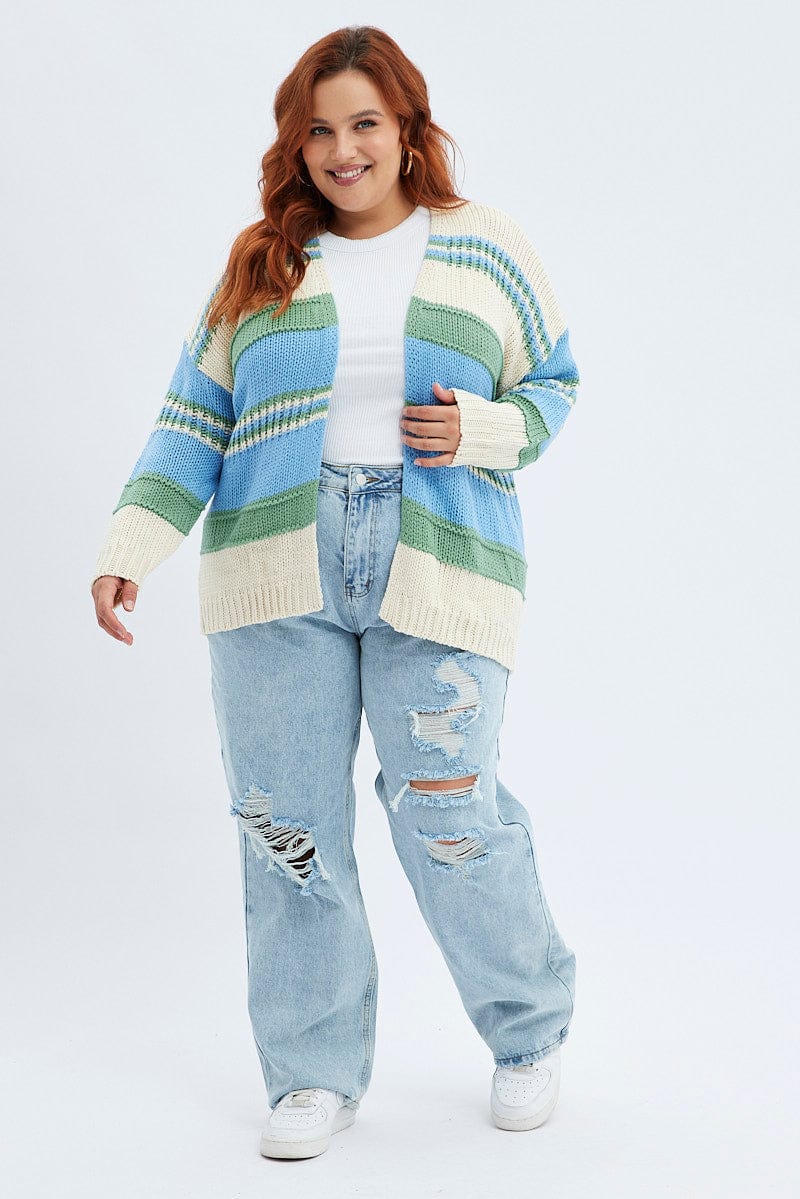 Blue Stripe Oversized Knit Cardigan for YouandAll Fashion