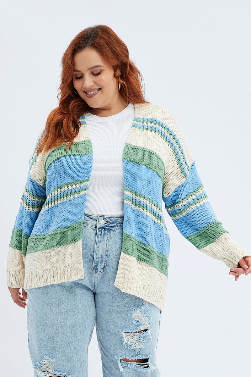 Blue Stripe Oversized Knit Cardigan for YouandAll Fashion