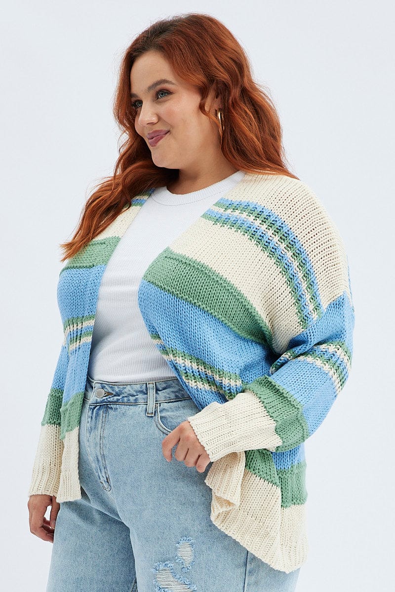 Blue Stripe Oversized Knit Cardigan for YouandAll Fashion