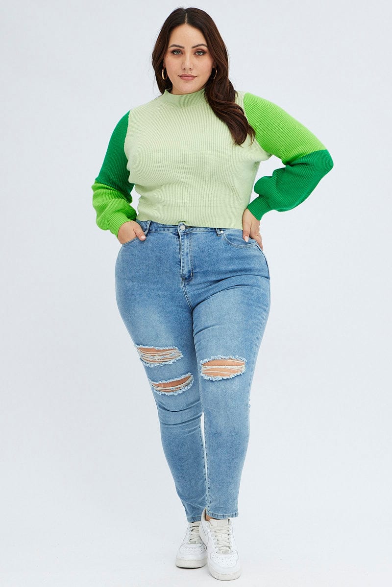 Green Knit Jumper Colour Block for YouandAll Fashion