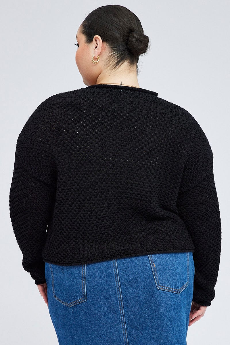 Black Fishnet Knit Top Long Sleeve Crew Neck for YouandAll Fashion