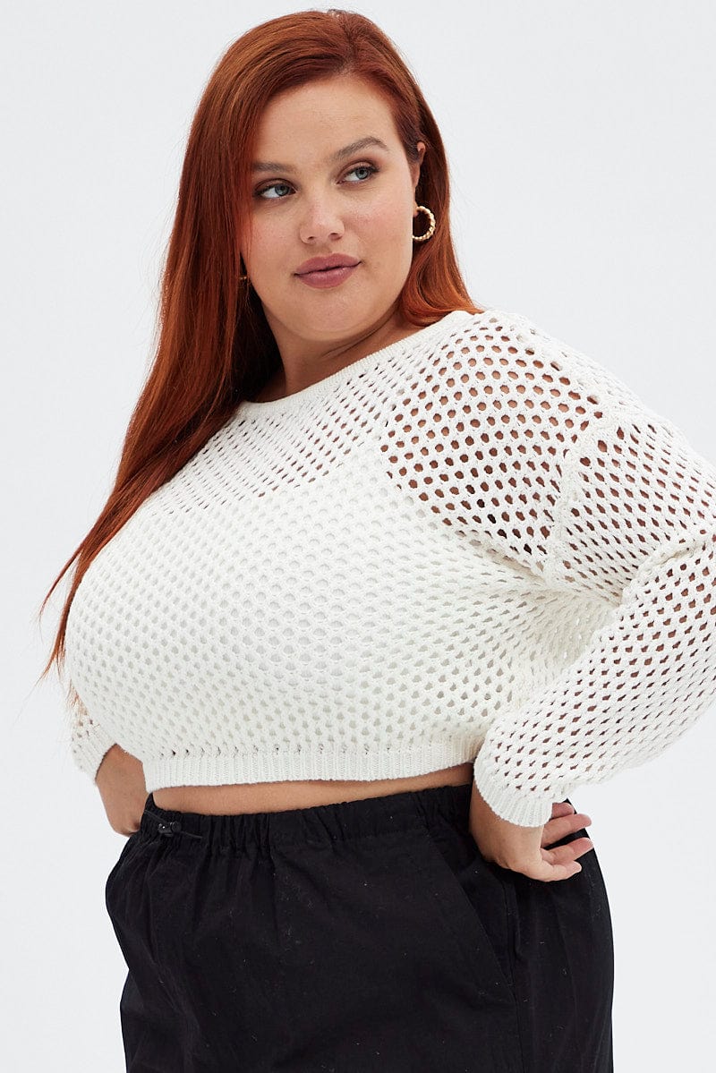 White Knit Jumper Long Sleeve Fishnet for YouandAll Fashion