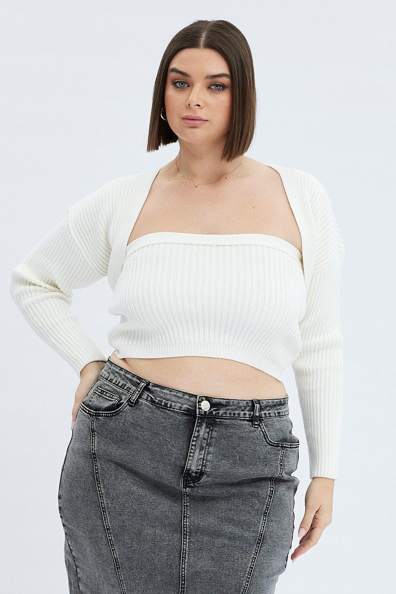 White Strapless Top And Shrug Knit Set for YouandAll Fashion