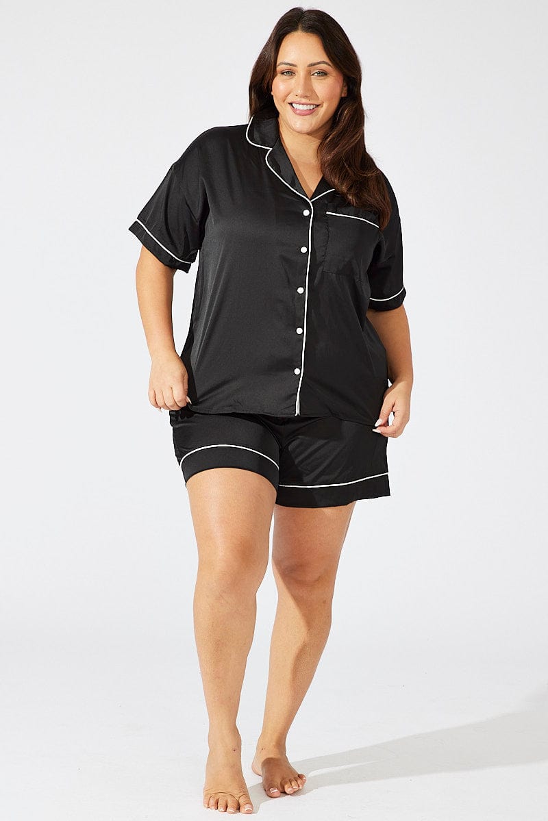 All Pyjamas Black Satin Pyjamas Set Short Sleeve | You & All