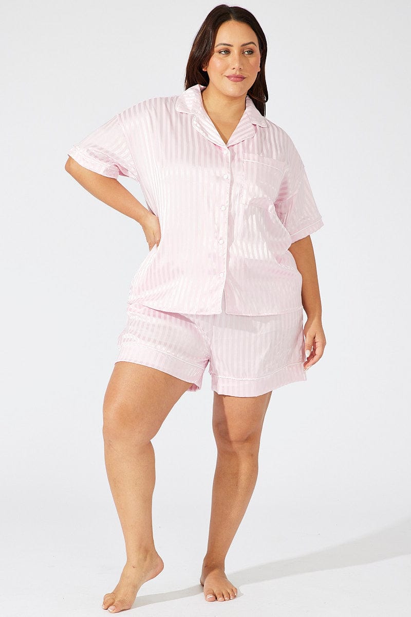 Pink Stripe Satin Pajamas Set Short Sleeve for YouandAll Fashion