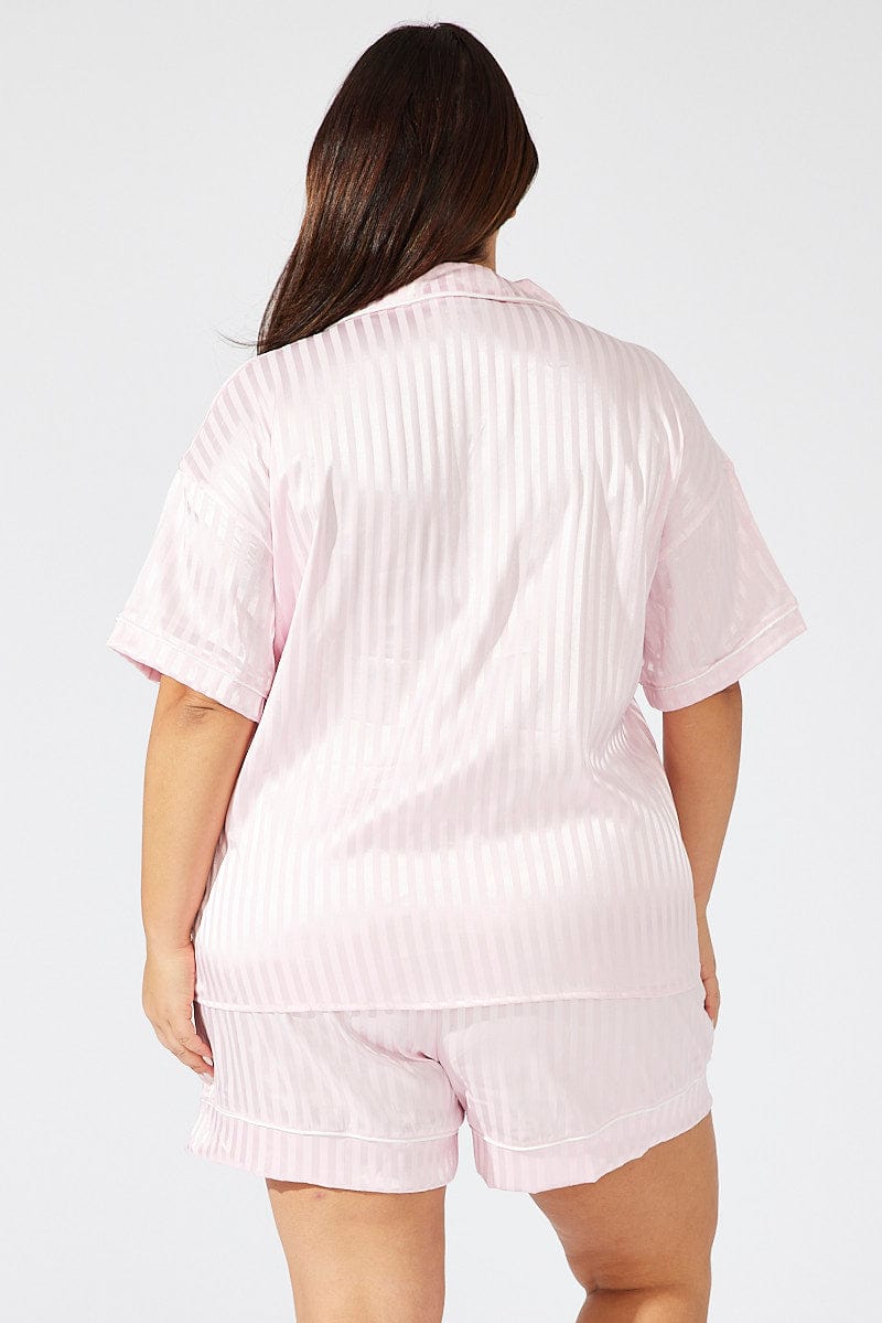 Pink 67 Pyjamas Pink Stripe Satin Pyjamas Set Short Sleeve | You & All