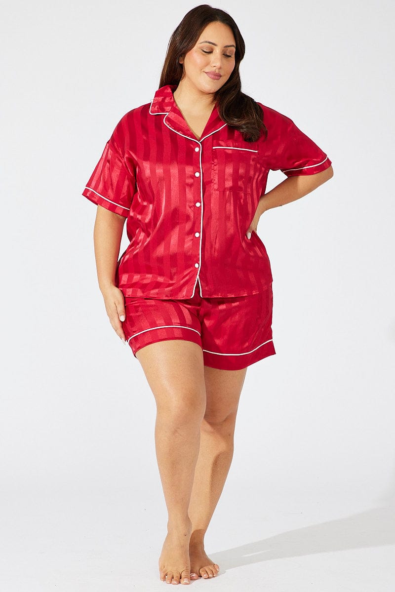 Red Stripe Satin Pajamas Set Short Sleeve for YouandAll Fashion