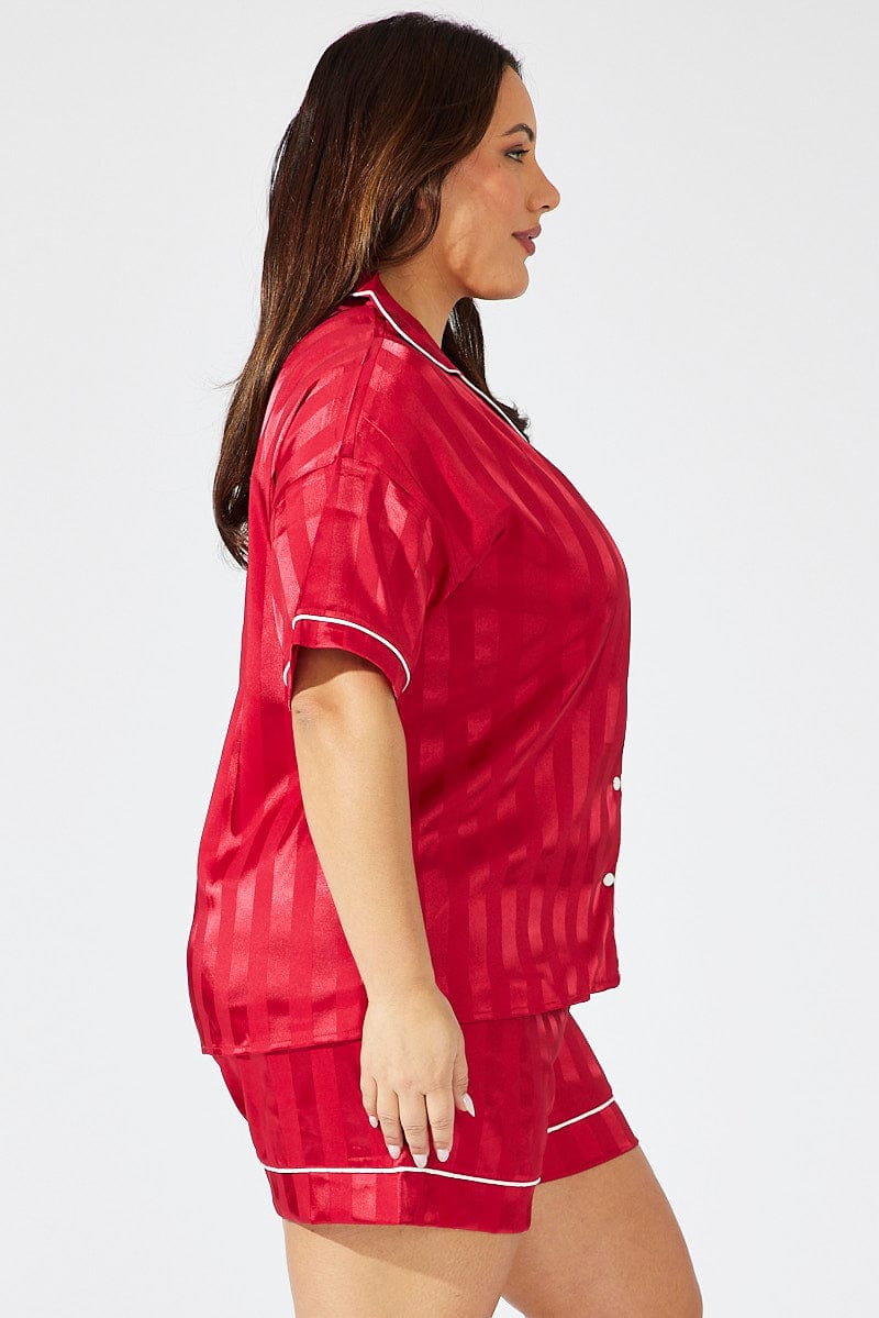 Red Stripe Satin Pajamas Set Short Sleeve for YouandAll Fashion