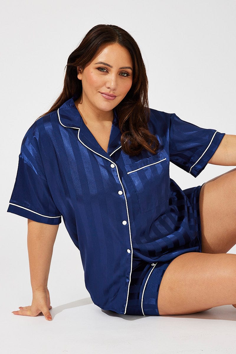 Blue Stripe Satin Pajamas Set Short Sleeve for YouandAll Fashion