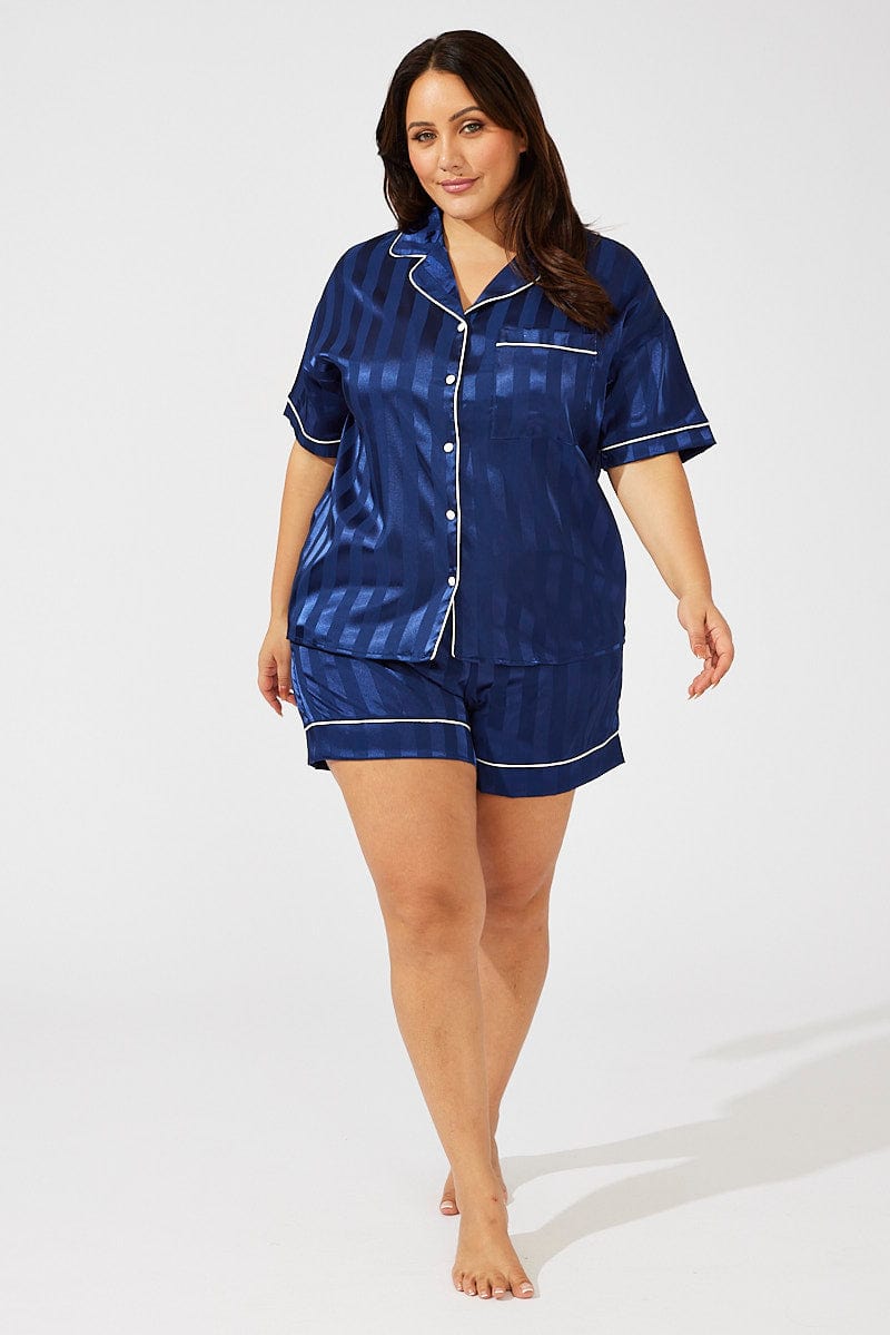 Blue Stripe Satin Pajamas Set Short Sleeve for YouandAll Fashion