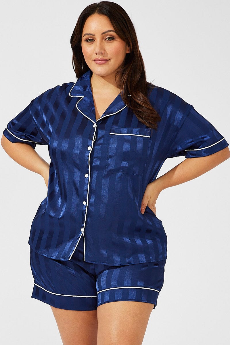 Blue Stripe Satin Pajamas Set Short Sleeve for YouandAll Fashion