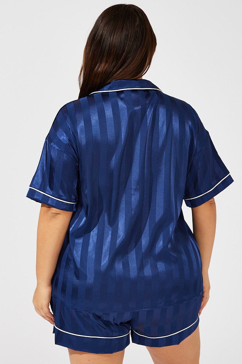 Blue Stripe Satin Pajamas Set Short Sleeve for YouandAll Fashion