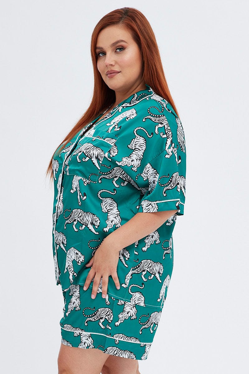 Green Animal Print Satin Pyjama Button Through Tiger Print PJ for YouandAll Fashion