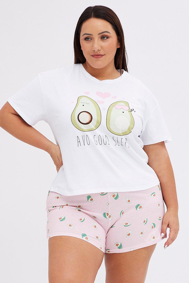 White Print Avocado Pj Graphic Jersey Pyjama 2 Piece Set for YouandAll Fashion