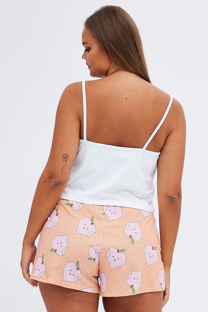 White Print Peach PJ Graphic Slogan Singlet Pyjama Set for YouandAll Fashion