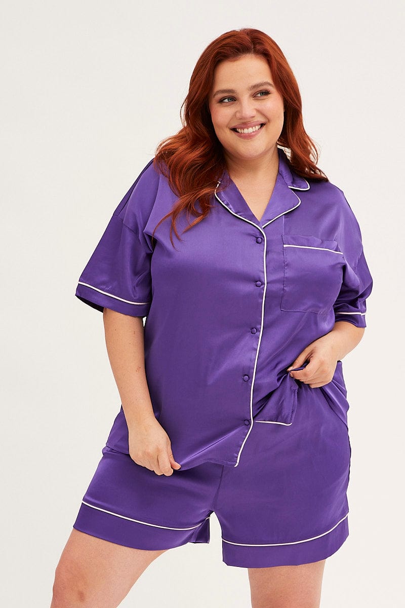 PURPLE Pyjamas Set Short Sleeve Collared Shorts Satin