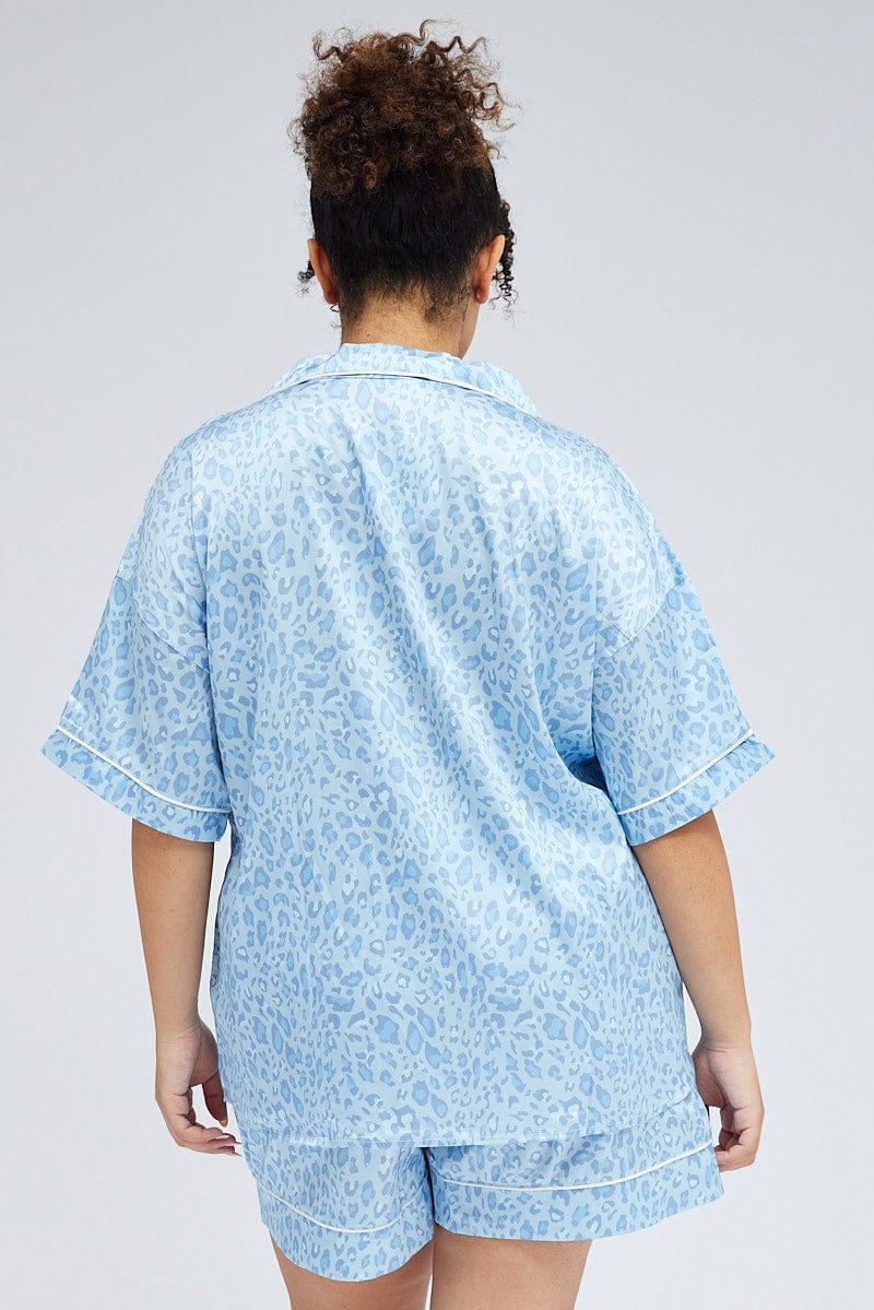 Blue Animal Print Leopard Satin PJ Contrast Piping Pyjama Set for YouandAll Fashion