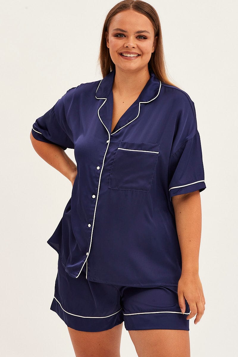 Blue Short Sleeve Top And Shorts Satin Pyjama Set for YouandAll Fashion