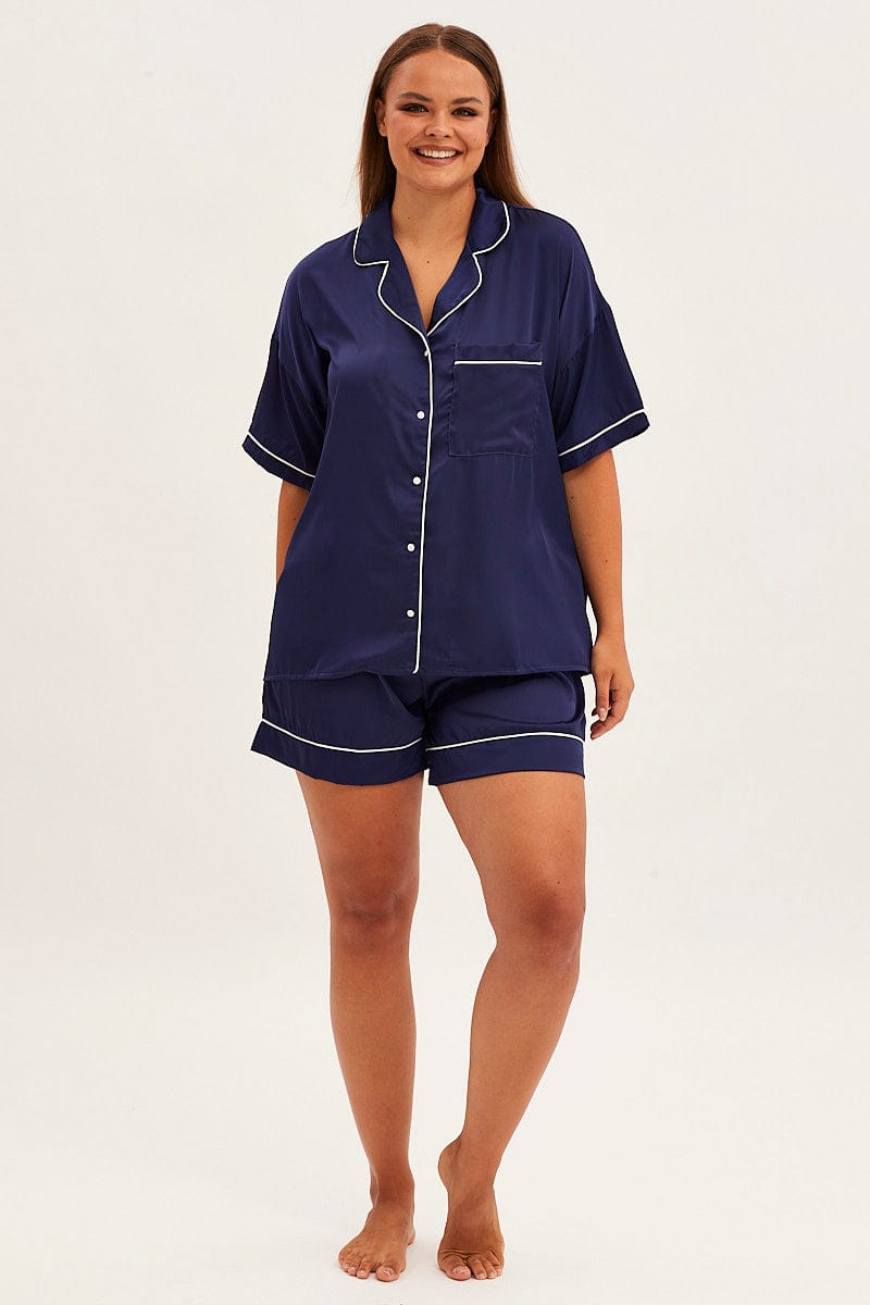 Blue Short Sleeve Top And Shorts Satin Pyjama Set for YouandAll Fashion