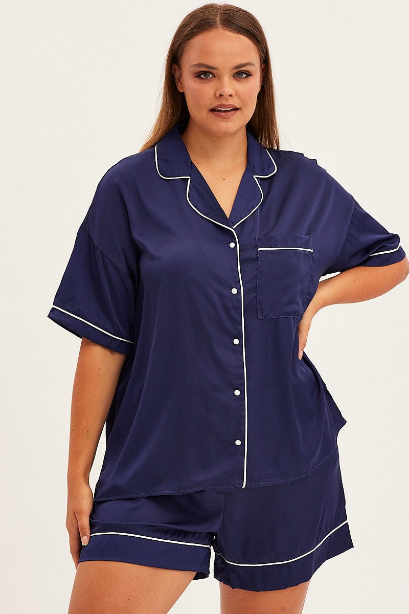 Blue Short Sleeve Top And Shorts Satin Pyjama Set for YouandAll Fashion