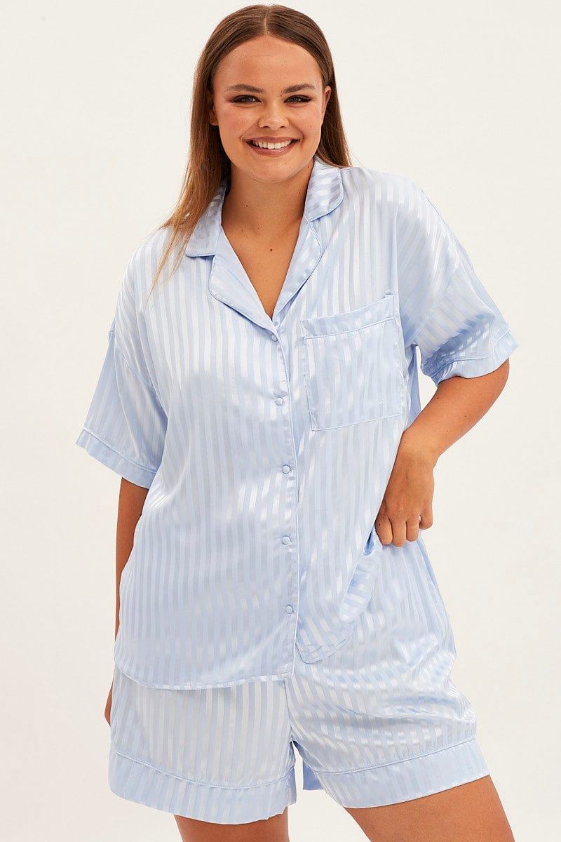 Blue Stripe Pyjamas Set Short Sleeve Collared Shorts Satin for YouandAll Fashion