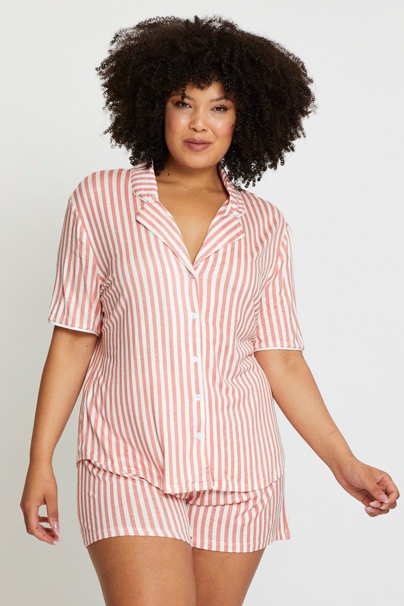 Stripe Short Sleeve Button Front Collared For Women By You And All