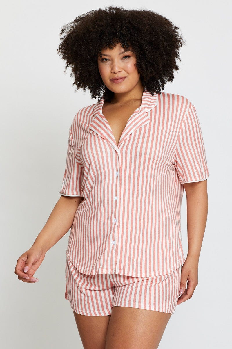 Stripe Short Sleeve Button Front Collared For Women By You And All