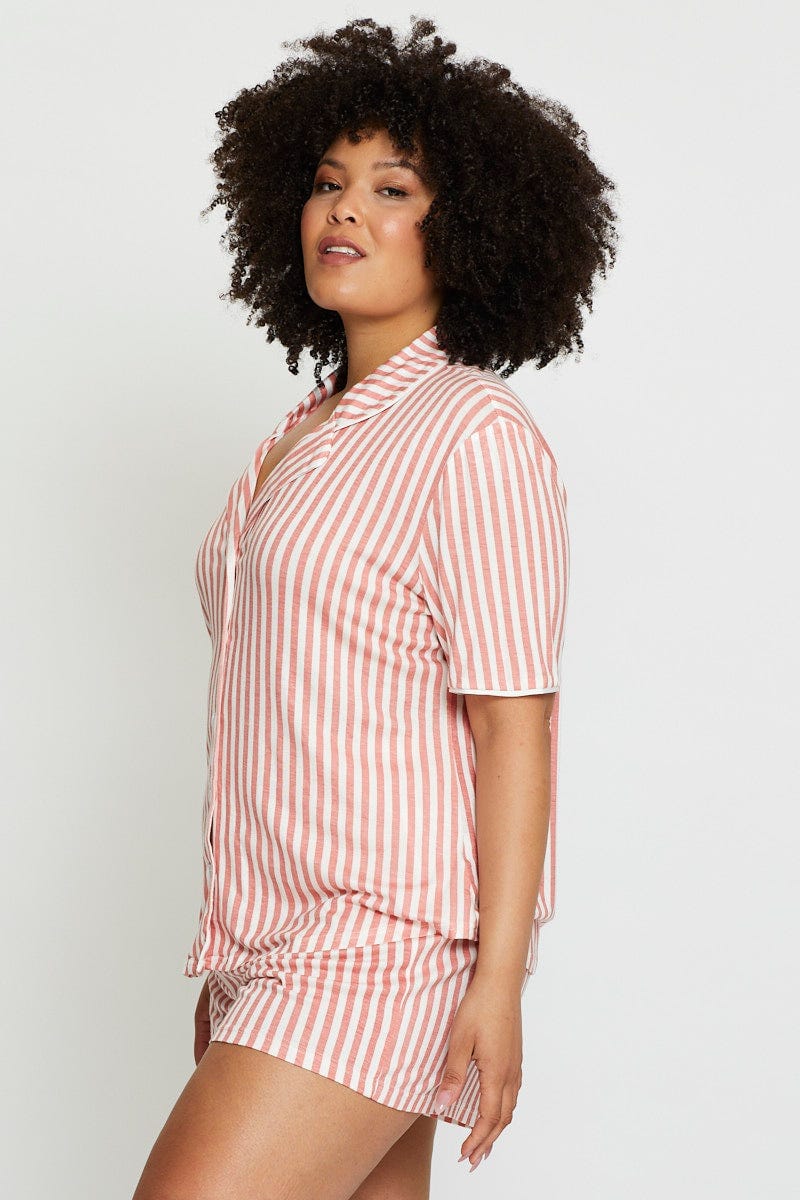 Stripe Short Sleeve Button Front Collared For Women By You And All