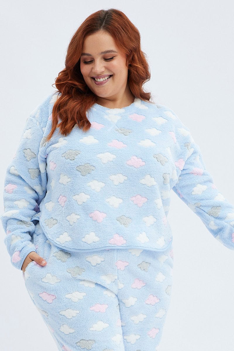 Blue Print Fluffy PJ Cloud Print Cosy Pyjama Set for YouandAll Fashion